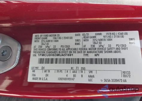 2021 Ford Escape Sel z USA, uszkodzony, nr VIN 1FMCU0H63MUA51691